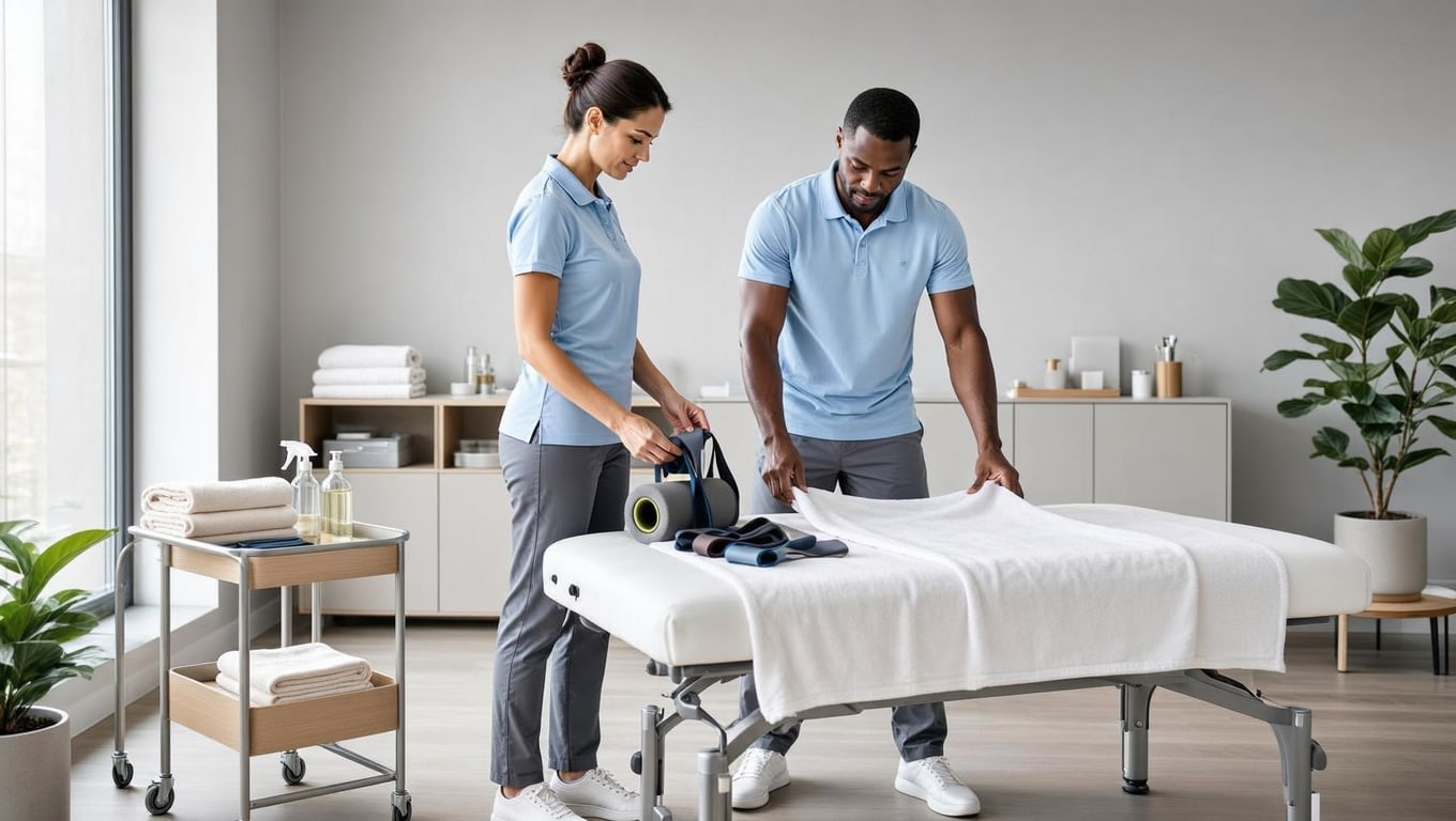 Spotless Care Starts With Professional Prep Two cleaning specialists in light blue uniforms prepare a massage table with fresh linens in a bright wellness room.