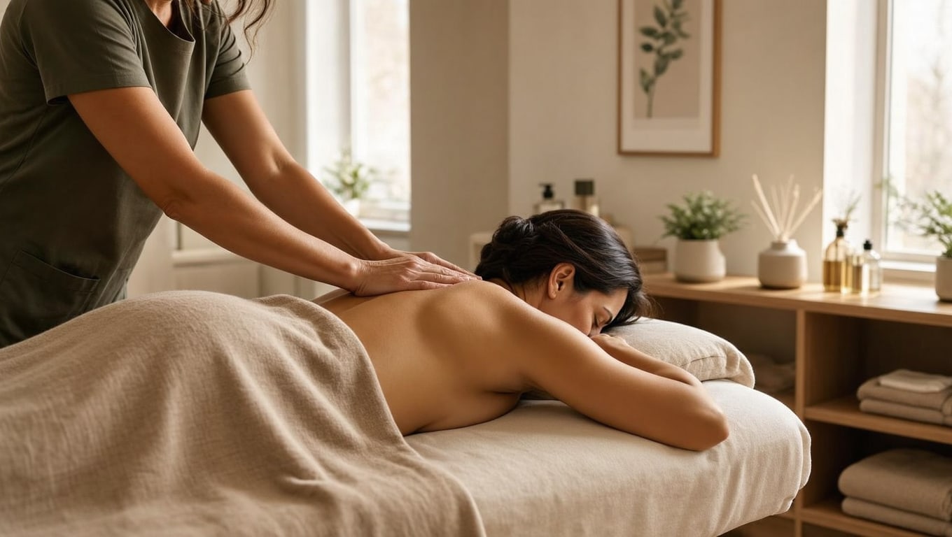 A woman receives a calming back massage in a bright, minimalist spa with natural light and soft neutral tones.