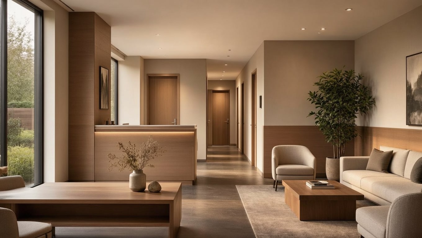 Sophisticated Interior Design for Professional Spaces A warm, minimalist waiting area featuring natural wood finishes, comfortable seating, and soft ambient lighting