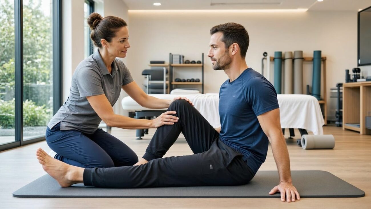 Expert hands guiding recovery through guided stretch Expert hands guiding recovery through guided stretch