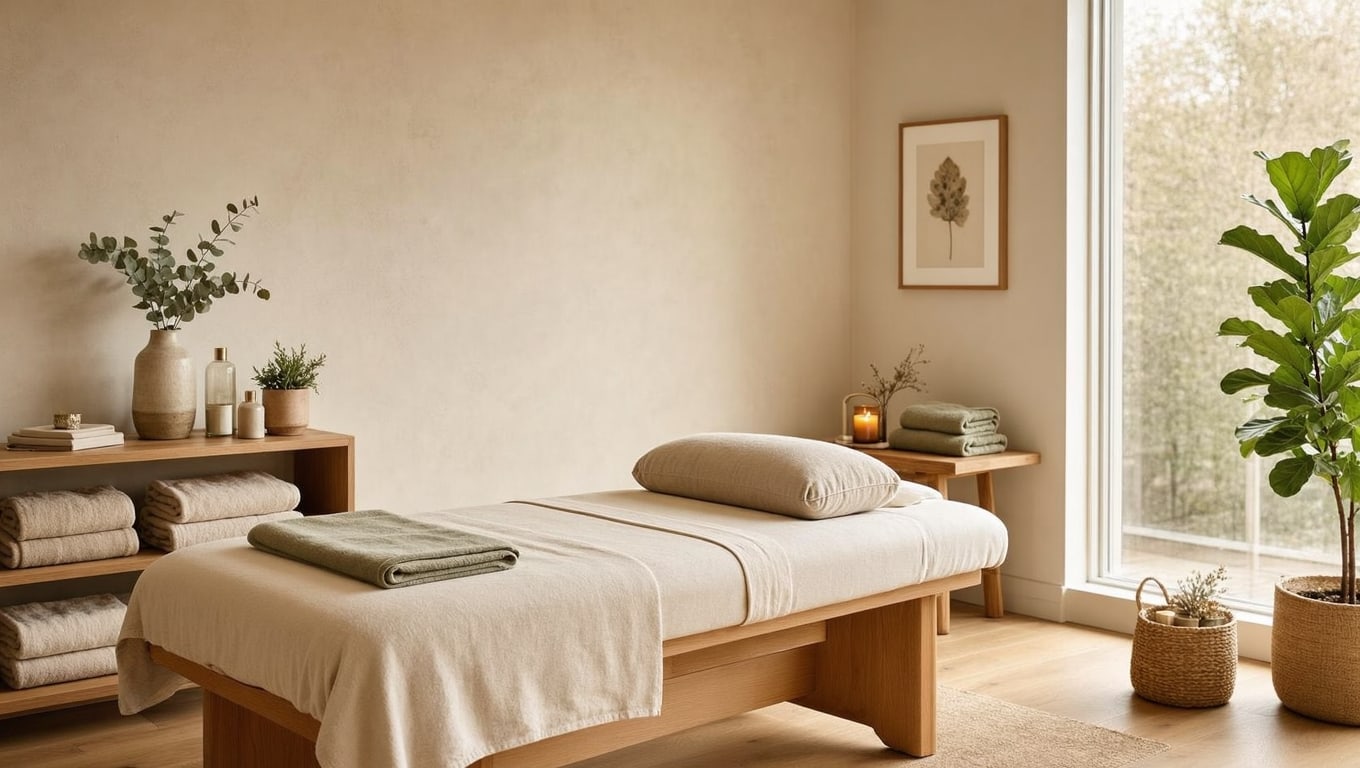 A peaceful massage room featuring warm beige walls, wooden furniture, neatly folded towels, lush plants, and soft natural lighting.