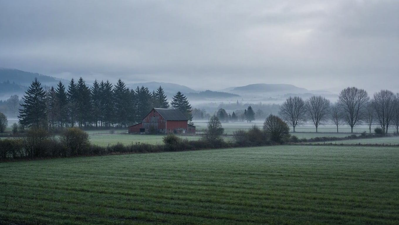 Fog blankets quiet rural farm at dawn